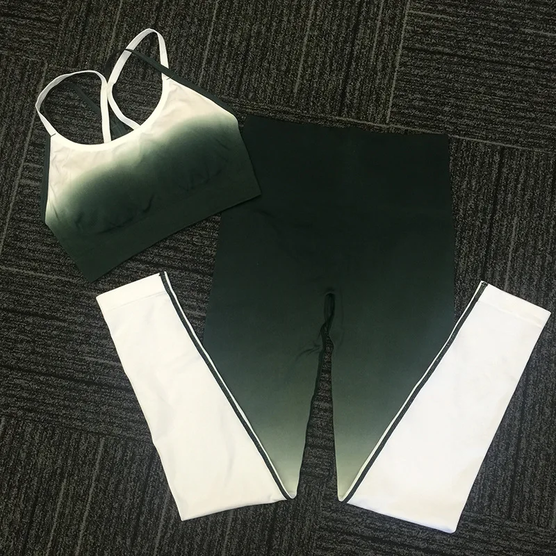 green white Бесшовный комплект для йоги, одежда для фитнеса, спортивная одежда, высокая талия, женские леггинсы для спортзала, колготки, мягкий пуш-ап спортивный бюстгальтер, 2 шт., спортивные костюмы - Цвет: green white