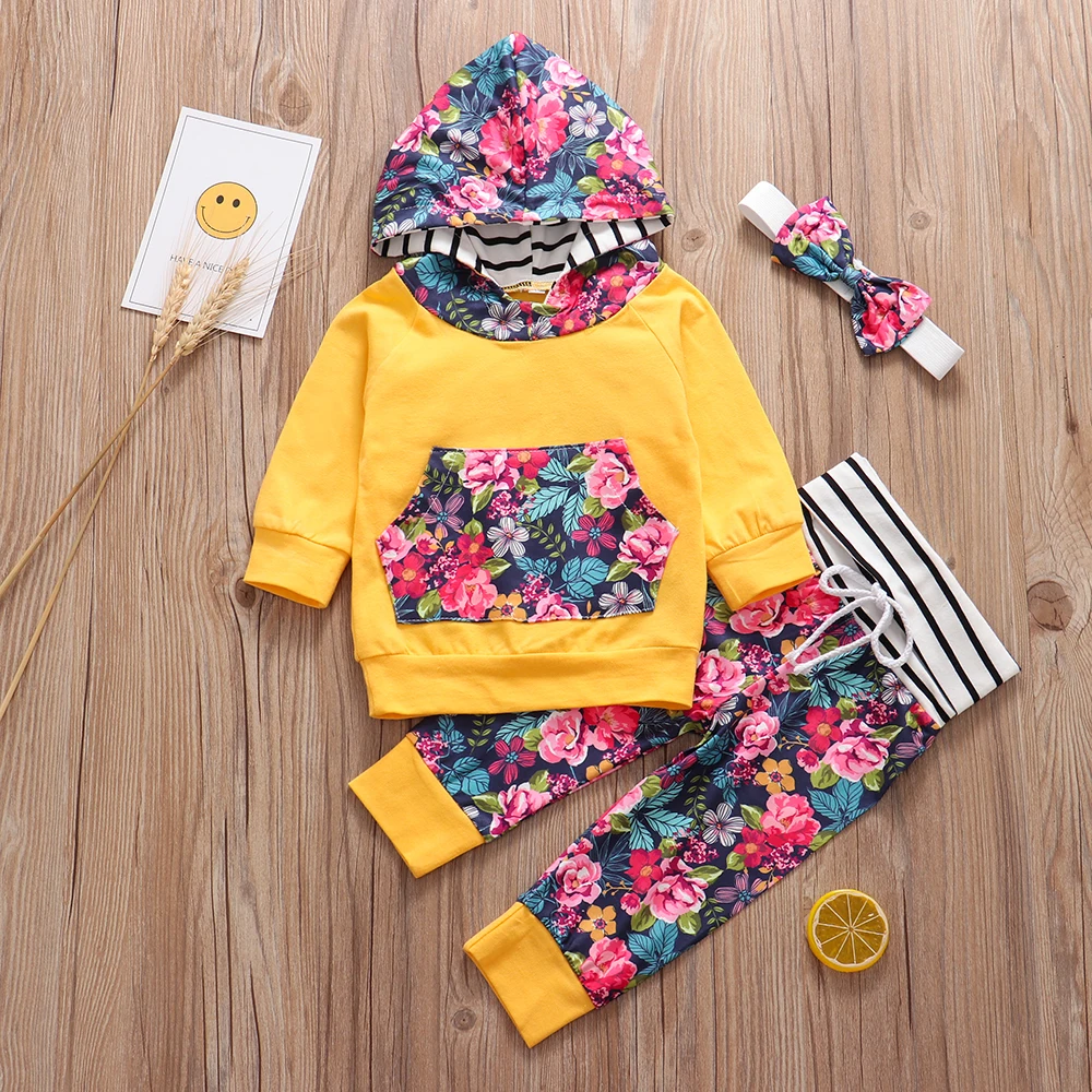 С цветочным рисунком для маленьких девочек Одежда для девочек в стиле радуги, для младенцев Одежда комплекты из 3 предметов с капюшоном футболка+ леггинсы, повязка на голову, осенний комплект одежды для маленьких девочек, в комплект входят - Цвет: yellow