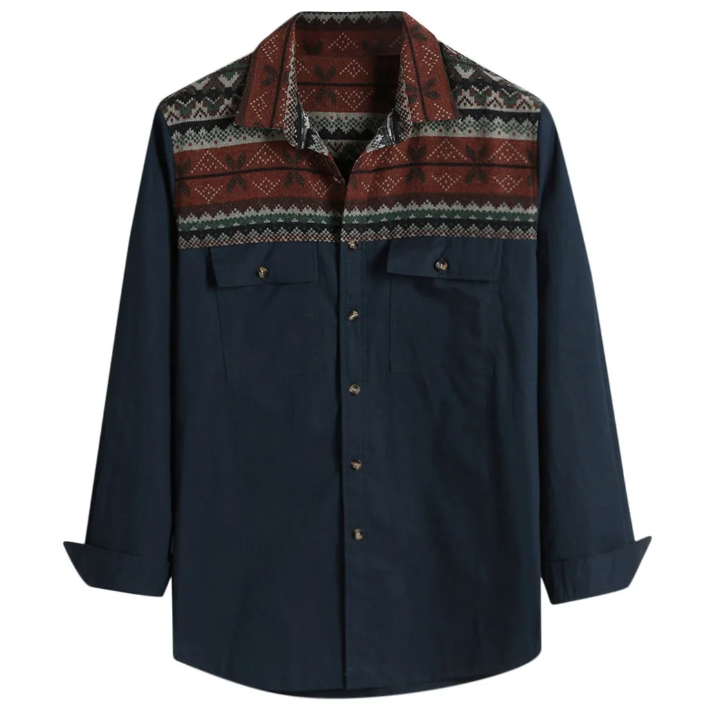 Feitong/рубашка в винтажном стиле для мужчин; красивая рубашка в этническом стиле с длинными рукавами и отворотом; двойная рубашка с карманами; chemise homme - Цвет: NAVY