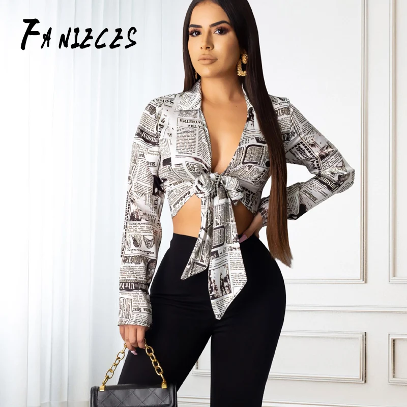

2020 Autumn Women Shirts streetwear Fashion long Sleeve Lace Up Bandage Sexy Short Shirts Ladies Casual newspaper print Tops Hot