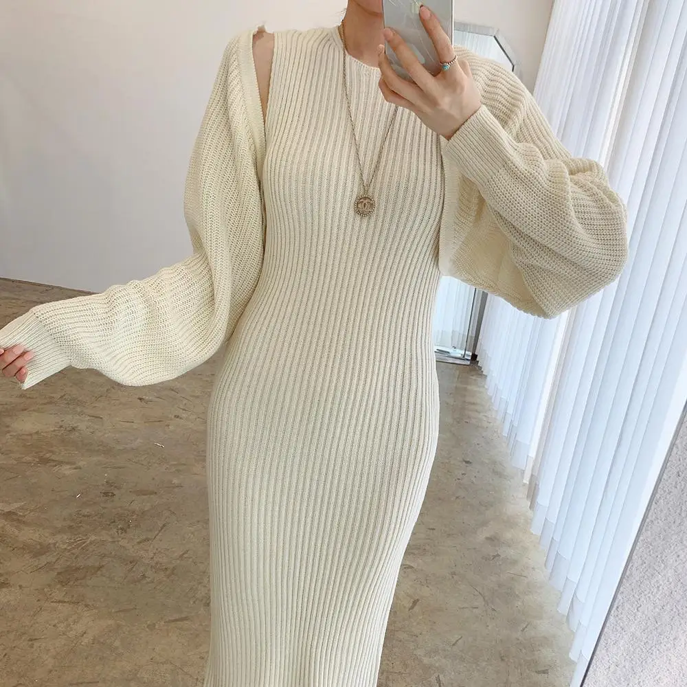 Women Knitted Dress Sets Autumn Winter Fashion Korean Cardigan Vest + Knitted Sleeveless Long Dress Suit Sets Sweater Dresses