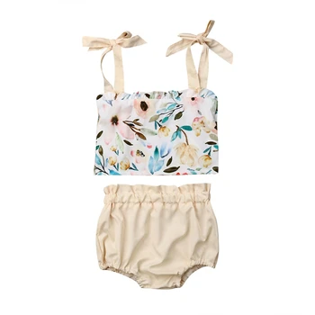 

2019 Summer Girls Holiday Beach Outfits Floral Print Vest Tops Solid Shorts 2PCS Clothes Set