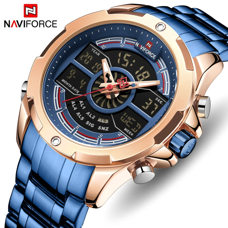 Лидирующий бренд NAVIFORCE мужской s светодиодный двойной дисплей часы мужские из нержавеющей стали модные роскошные Бизнес Кварцевые часы водонепроницаемые наручные часы