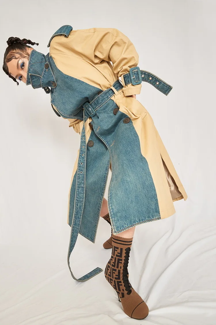 Fashion Tide New turn-down Collar Full Sleeves Denim Patchwork Kahki Color Contrast Waist Belts Female Windbreaker WJ29515L