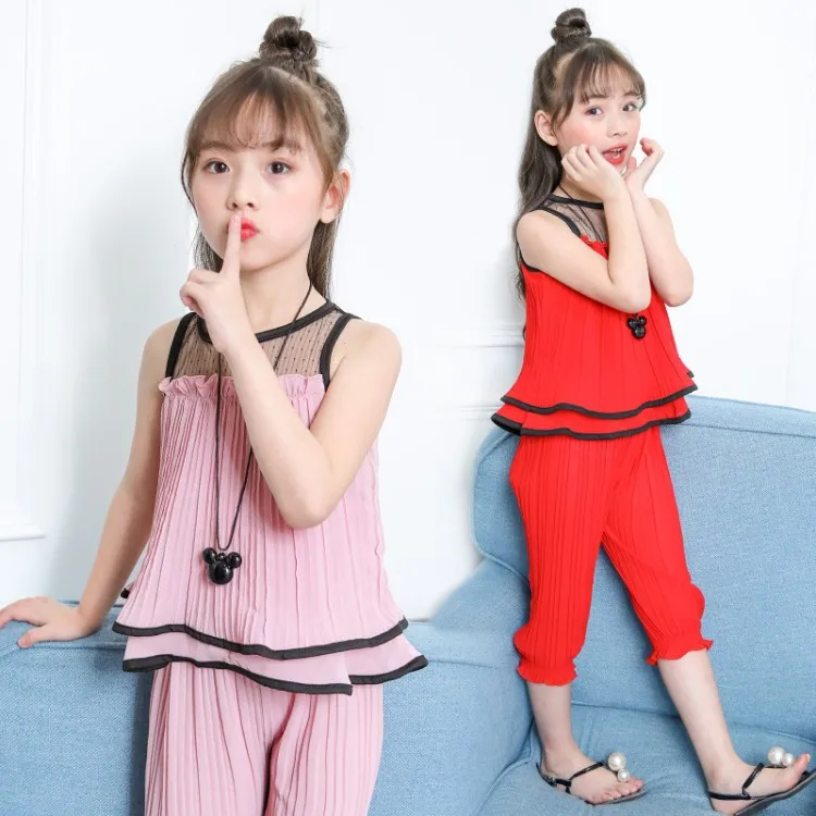 

Childrenswear Girls Chiffon Suit 2019 Summer New Style Korean-style Children Finale Two-Piece Set Summer Send Necklace