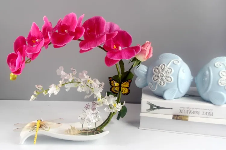 Butterfly Orchid Artificial Flowers Set Fake Flower Ceramic Vase Ornament Phalaenopsis Figurine Home Furnishing Decoration Craft