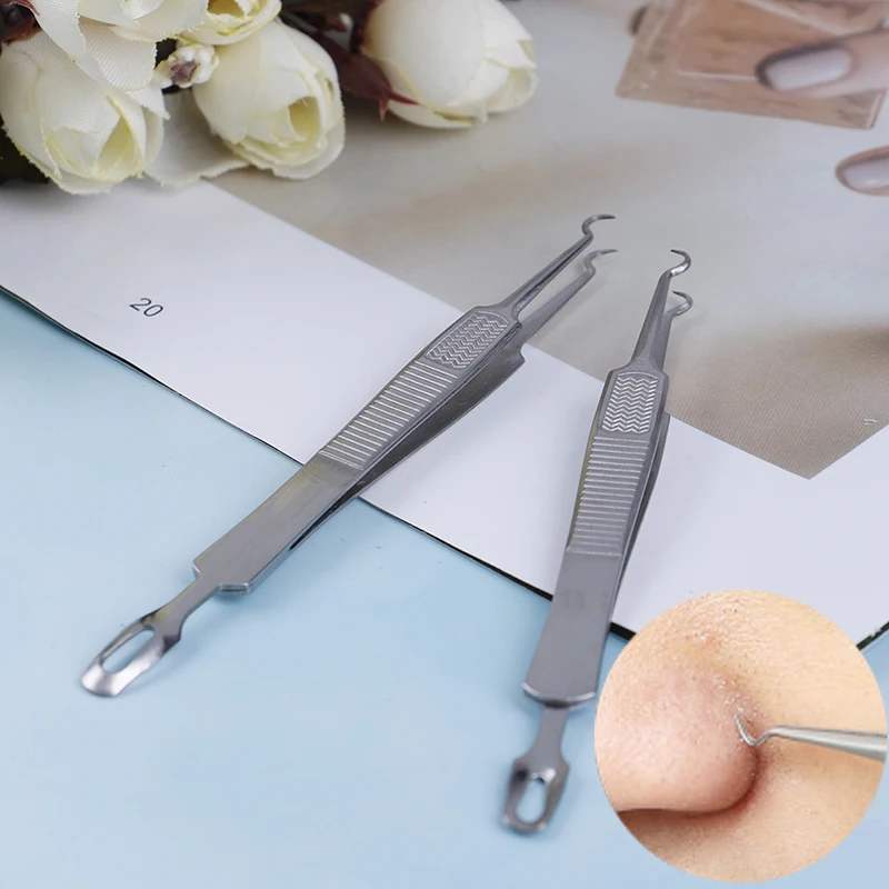 

1PC Curved Straight Blackhead Tweezers Anti Slip Stainless Steel Acne Tweezers Needle Removal Tool Face Care Double Head