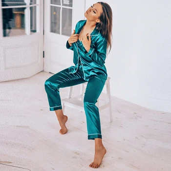 

HiLoc Winter Satin Pajamas Two Piece Set Women Long Sleeve Sexy Sleepwear Silk Autumn Home Suit Sets Pants Pocket Lounge Wear