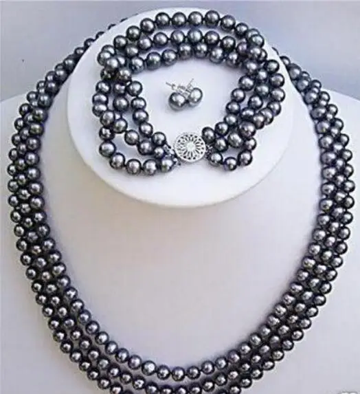

Jewelry Pearl Set 3 rows Natural cultured black pearl necklace bracelet earrings set Free Shipping