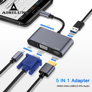 

TypeC Adapter 5-in-1 Thunderbolt 3 USB Type C Hub to HDMI VGA 3.5mm Jack USB Adapter with Type-C Power Delivery docking station