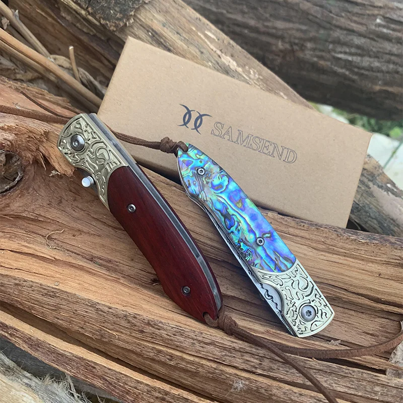 SAMSEND натуральный abalone + резная Медная головка узор Дамаск VG10 складной нож