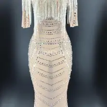 К требованиям заказчика; сверкающие; камень бахромой эластичная сетка сексуальное платье Для женщин День Рождения Праздновать Стразы платье для ночного клуба кристаллы танцевальный костюм