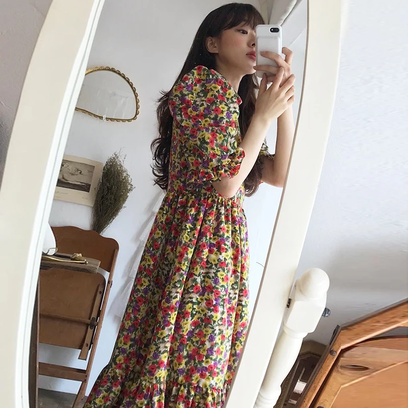 

Beautiful Girl Flower Colorful Print Dress a Line Ruffles Puff Sleeve Dress Midi Robe Femme Vestido Mujer Vestiti Donna