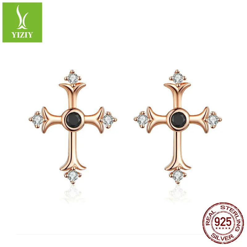 

Cross 925 Silver Earrings Women's Europe And America-Style Retro Rose Gold Plated Anti-Allergy Elegant Silver Stud Earrings