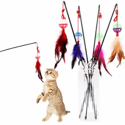 1 шт. Горячая продажа игрушки для кошек Сделать палку для кошек перо с маленьким колокольчиком Натуральное перо случайный цвет цветной