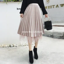 Корейская мода нерегулярная сетка бархатная плиссированная юбка для женщин Jupe Femme юбки женские осень высокая талия миди юбка Faldas Mujer