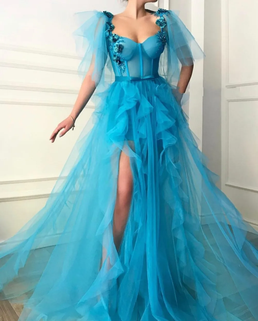 plus size formal wear Eightale Blue Evening Dresses 2019 Flowers Ruffles Tulle Custom Made High Slit Dubai Saudi Arabic Long Evening Gowns Prom Dress plus size ball gowns