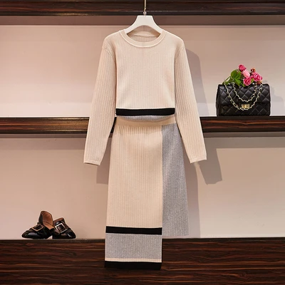 

Plus Size 4XL Knit Long Sleeve Patchwork Color Jumper Sweaters Tops+Elastic High Waist Irregular Knit Skirts Women Autumn Sets
