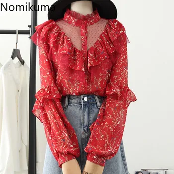 

Nomikuma 2020 New Arrival Gauze Patchwork See Through Shirts Ruffles Full Sleeve Floral Printed Blouse Korean Tops Blusas 3a858