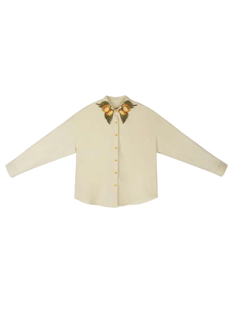 Women's Vintage Embroidery Collar Shirt, Peach Green Leaves, Winter