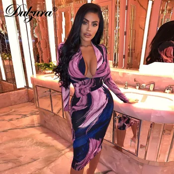 

Dulzura tie dye print women midi dress deep v neck bodycon sexy party streetwear 2019 autumn winter clothes Christmas elegant