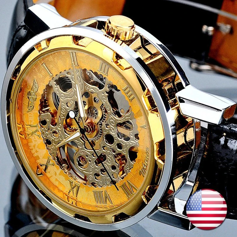 Fashion Winner Black Leather Band Stainless Steel Skeleton Mechanical Watch For Man Gold Mechanical Wrist Watch Luxury Brand Mechanical Watch