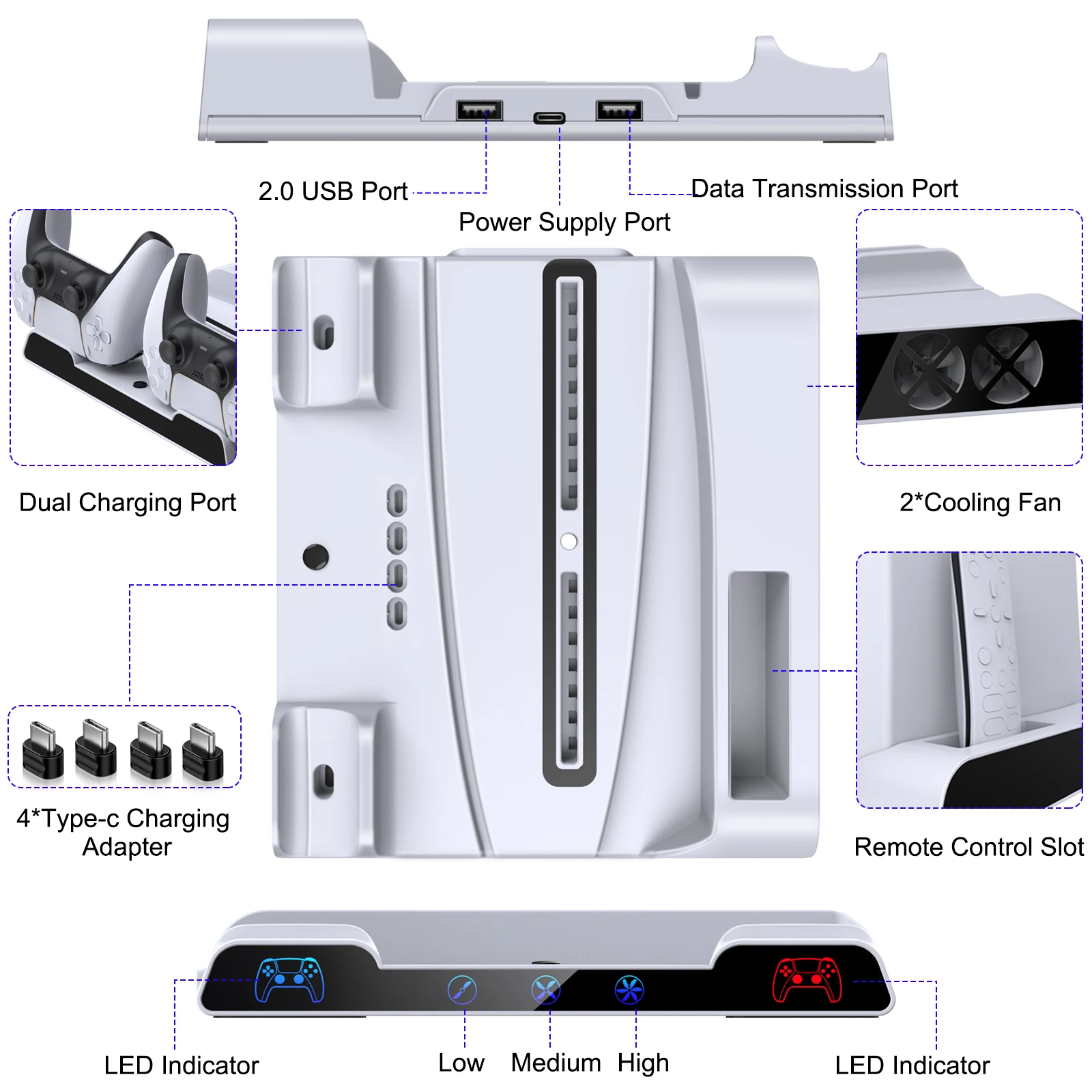 Mcbazel Cooling Fan and Dual Controller Charger Station for PS5 Console,  Cooler Station and Charging Dock with Extra USB Ports for Playstation 5 UHD