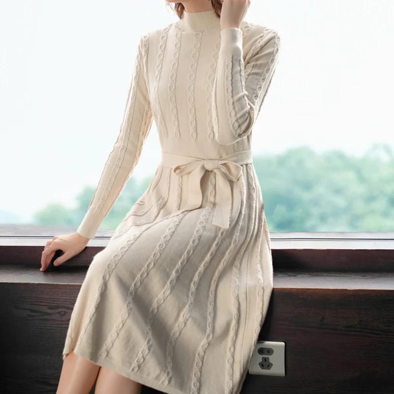 

Women Sweater New Long Sleeved Knitted Sweater Dress for Fall and Winter Winter Clothes Korean Style Blue Black Beige