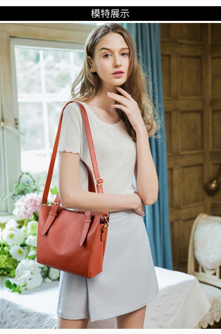 new leather women's bag simple leather shoulder slung portable bucket tote bag