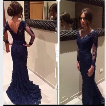 

Vestido de Festa Navy Blue Formal Lace Evening Long Sleeve Mermaid Prom Gown 2020 V back Women mother of the bride dresses