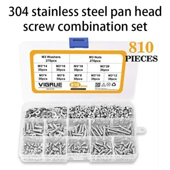 

810 Pcs pan head screw combination set 304 stainless steel round head screw small screw with flat washer nut