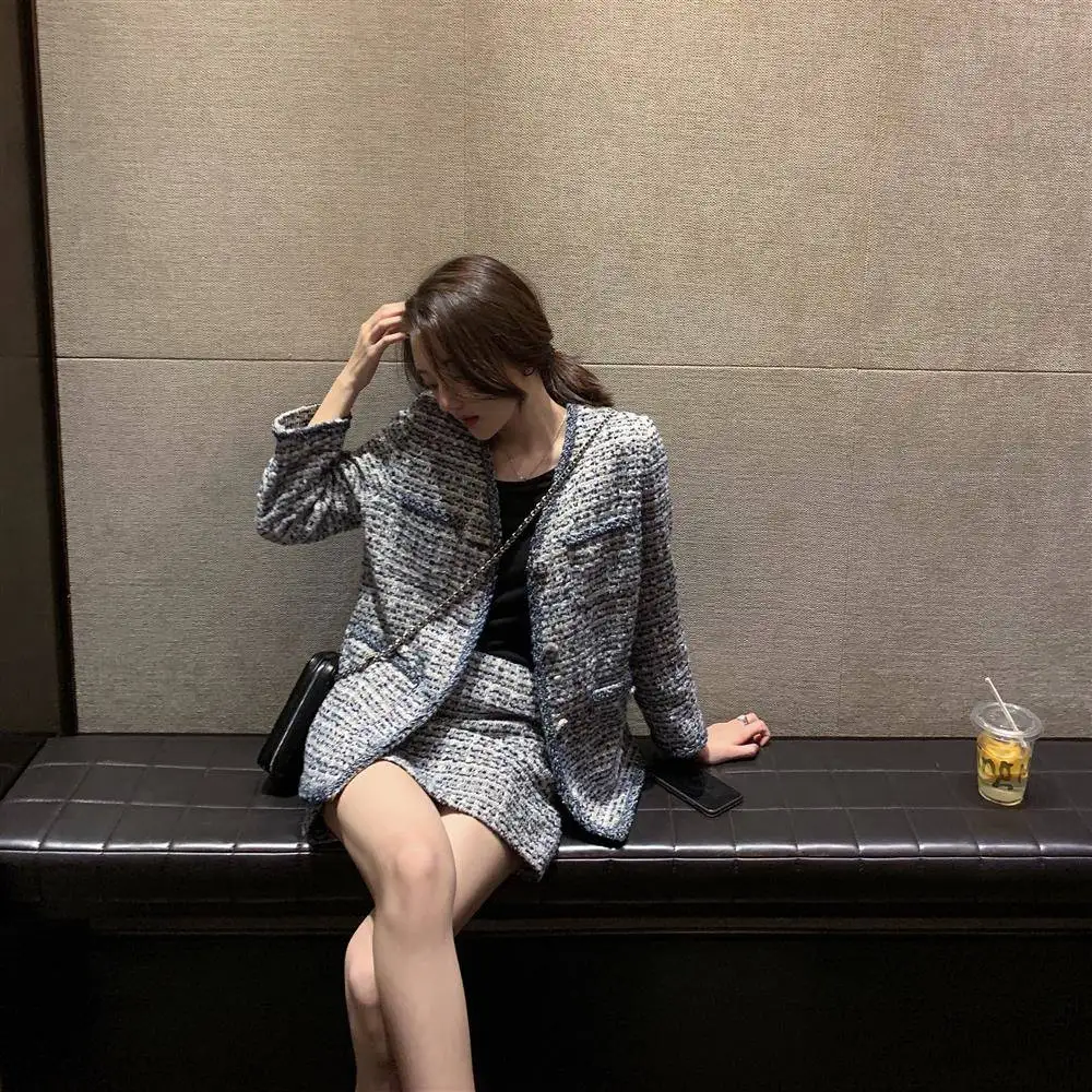 

Tweed suit two-piece professional Korean version of loose casual jacket + female autumn new short skirt