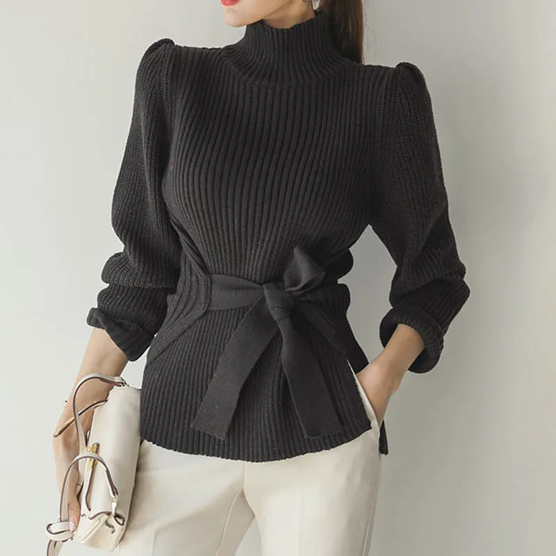

NORMOV New Women Winter Turtleneck Warm Bow Sweater Korean Solid Long Sleeve Split Pullovers Knitted Office Lady Sweater