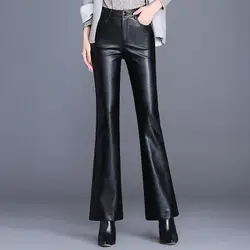 OMIKRON/Новинка; Модные Винтажные брюки из искусственной кожи с карманами и бархатными широкими штанинами; женские модные брюки с высокой