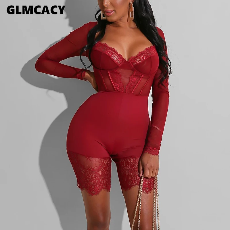 Womens Tight Long Sleeve Sheer Mesh Lace Insert Playsuit Black Wine RedParty Night Out One Piece Overalls Rompers - Цвет: Бургундия