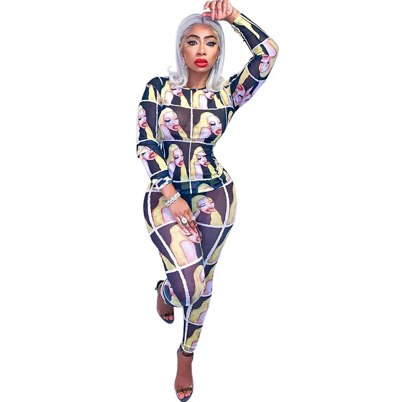 

Character Printed 2 Piece Set Women 2019 Autumn Fall Mesh Long Sleeve Bodycon Top and Pants Legging Sexy Club Two Piece Outfits