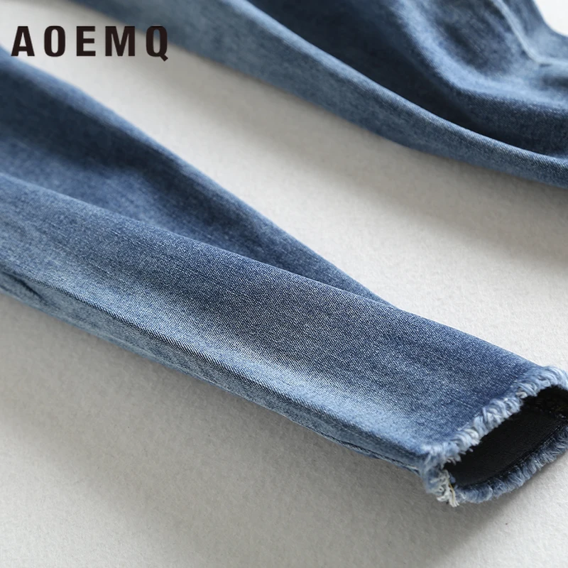 AOEMQ джинсы, синие/серые джинсовые брюки, высокая талия, с карманами, узкие джинсы, кнопка, Регулируемая Талия, женская одежда