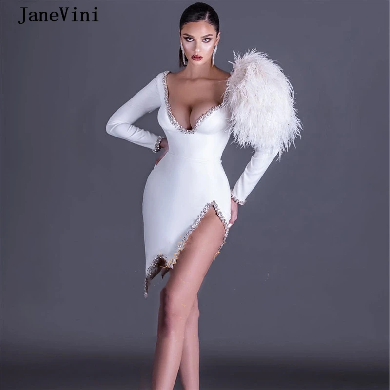 Short-White-Sexy-Saudi-Arabic-Prom-Dresses-With-Feather-Long-Sleeves-V-Neck-Crystal-Plus-Size_副本