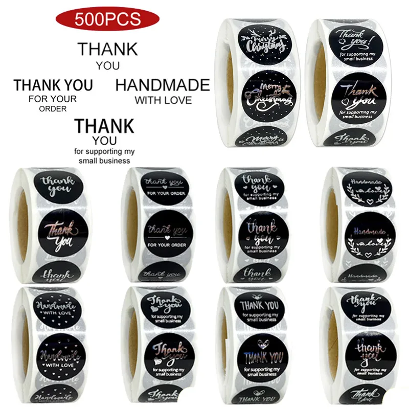 

500pcs 1" Multi-Types Unique Round Silver Foil Thank You Stickers for Small Business Order Taste Handmade Wedding Baking Decor