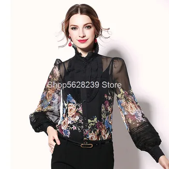 

2020 Early Lotus Leaf Edge Court Li Collar Printing Georgette Lantern Long Sleeve Chiffon Siamese Female Shirt Send Sling