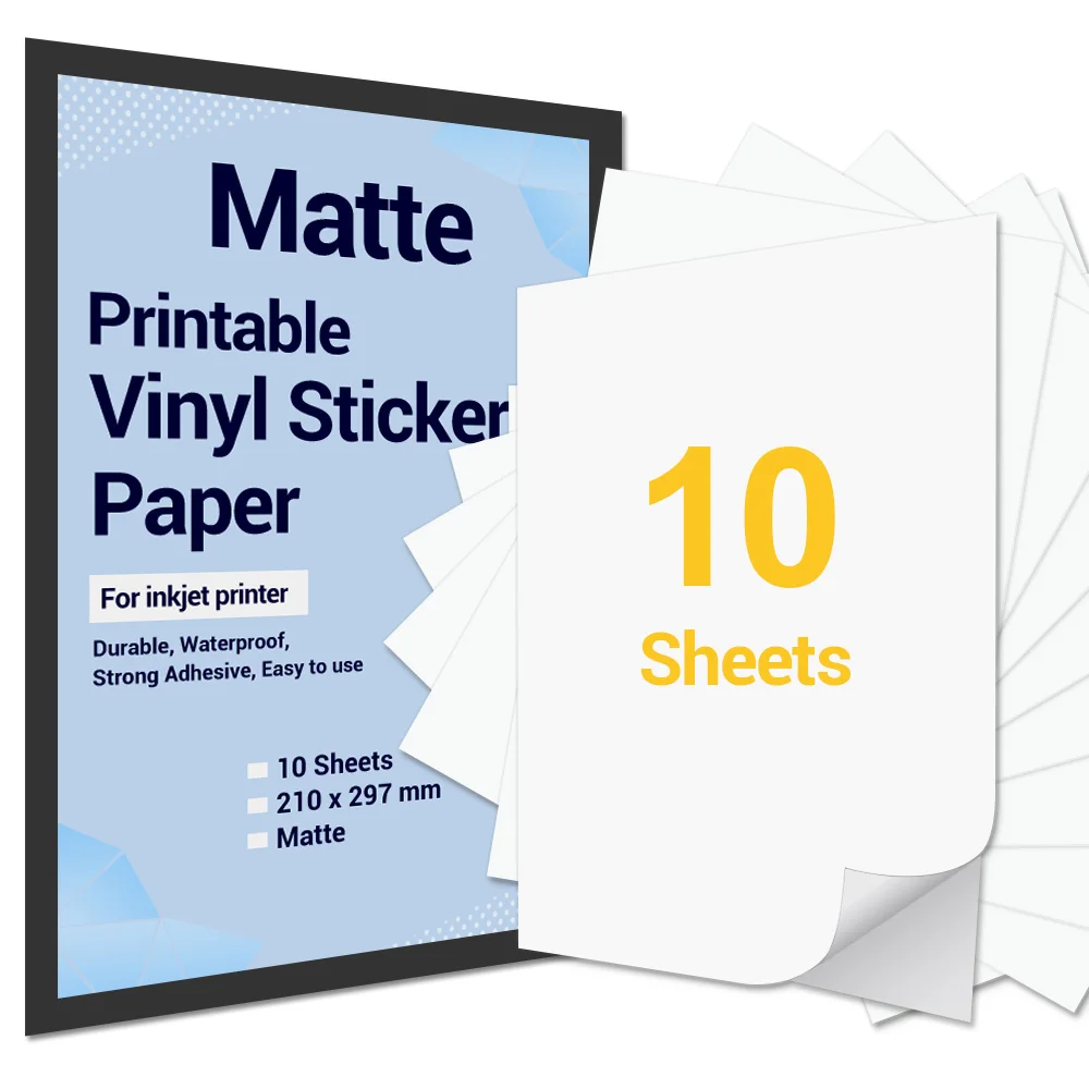 Papel adhesivo A4 para impresora de inyección de tinta, pegatina de vinilo imprimible, papel de copia mate autoadhesivo resistente al agua, calcomanías artesanales de regalo, 10 hojas