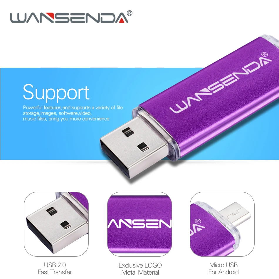 USB флеш-накопитель WANSENDA, 128 ГБ, двойной OTG флеш-накопитель для Android/PC, 16 ГБ, 32 ГБ, 64 ГБ, 256 ГБ, USB карта памяти, 2 в 1, флешка