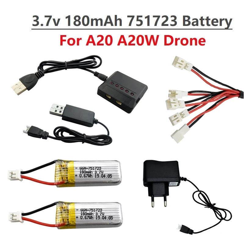 Original 3.7V 180mAh Lipo Battery And Charger For A20 A20W Four-axis Drone RC Quadcopter Spare Parts For A20 A20W Drone Battery