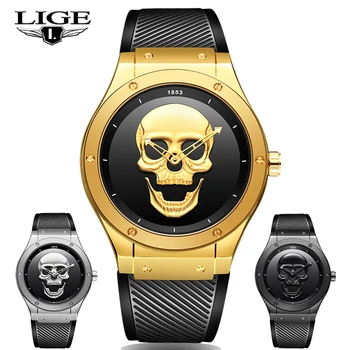 

LIGE Mens Skull Watches Brand Luxury Silicone Quartz Watch Mens Business Fashion Waterproof Retro Clock Relogio masculino+Box