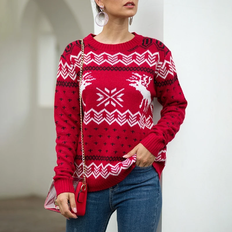 

Women Christmas Long Sleeve O-Neck Sweater Reindeer Snowflake Knitted Jumper Top