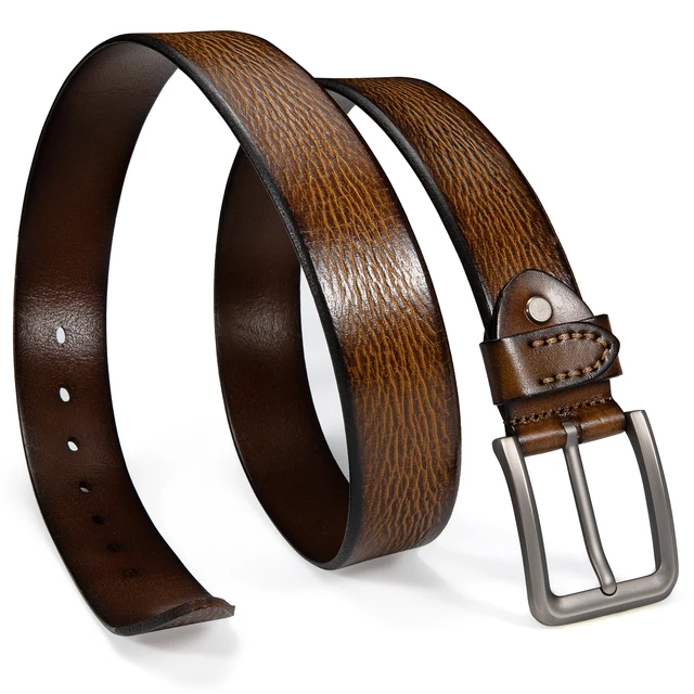Hi Tie cinturones de cuero genuino para hombre, cinturón informal de cuero de vaca vaquero, con hebilla de Pin, color naranja y marrón, de 130cm| Cinturones de hombre| - AliExpress