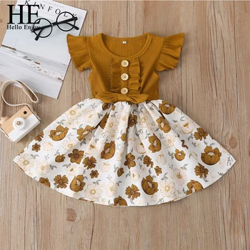 

HE Hello Enjoy Girl Clothes Dresses 2020 Summer New Little Flying Sleeve Stitching Print Dress Baby Kid Children Clothing Outfit