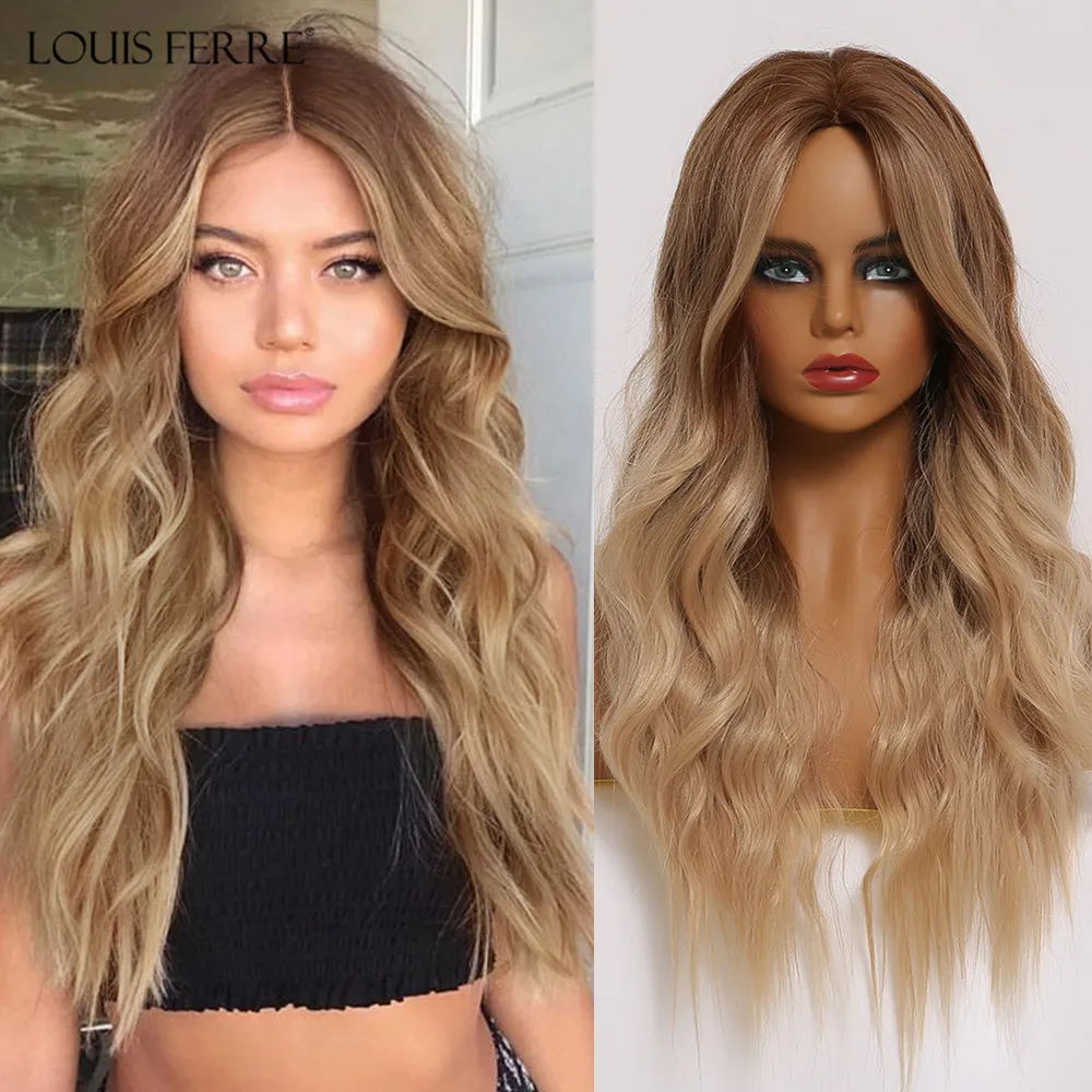 

LOUIS FERRE Long Ombre Brown Golden Blonde Hair Wig Middle Part Body Wave Cosplay Synthetic Wigs for Black Women Heat Resistant