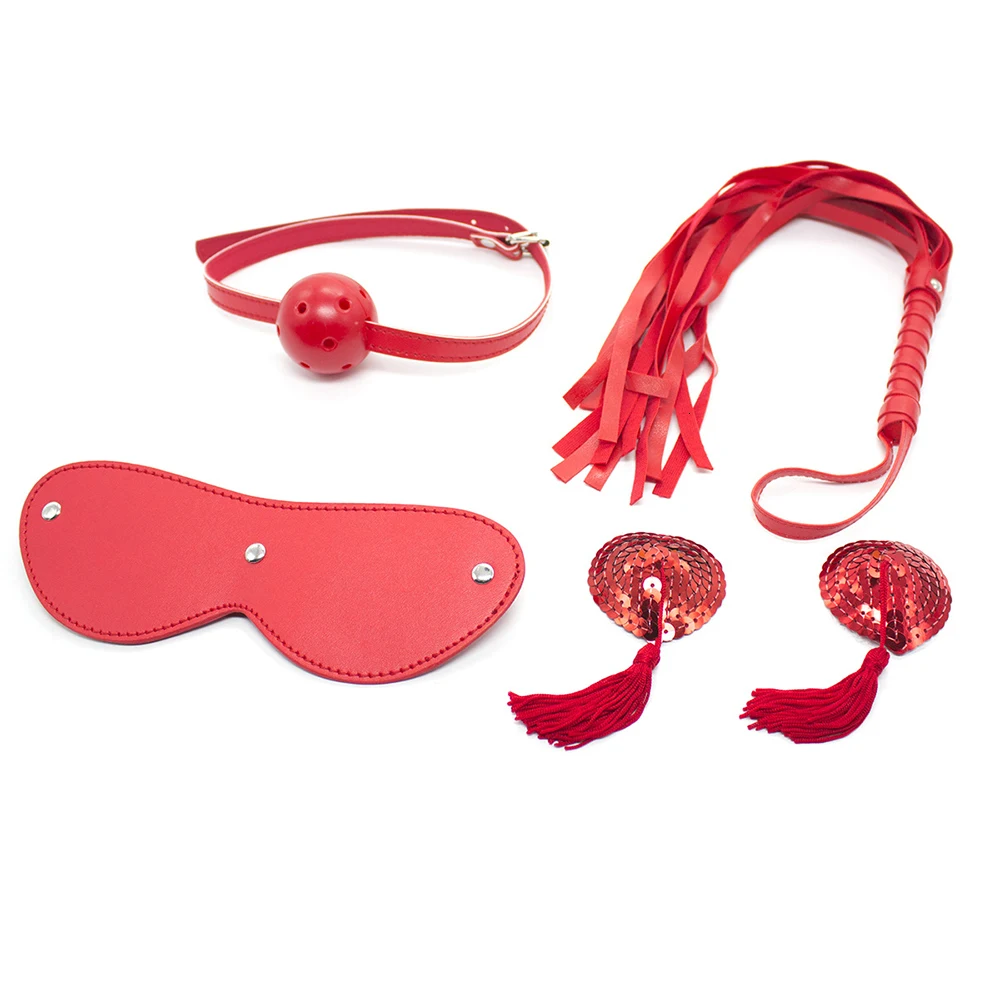 PU Leather Sex Slave Bondage Suit Eye Whip Mouth Gag Nipple Stick 4 Piece Set Porn BDSM Bound Adult Toy |