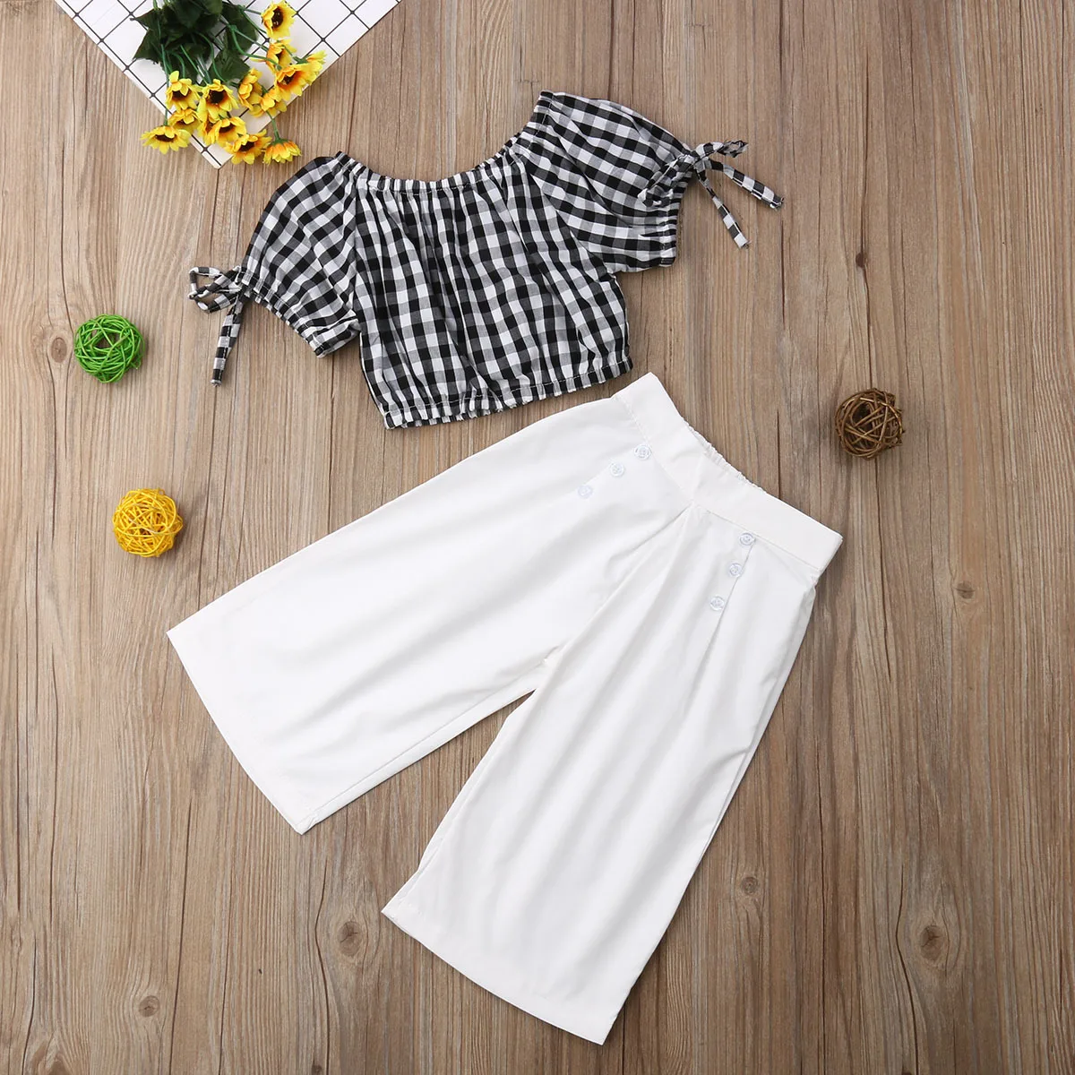 Off Shoulder Checks Blouse Crop Tops Shirt + Wide Legs Pants Outfit ...